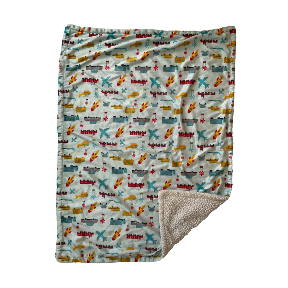 Born Loved Just Transportation Blue Baby Blanket Cars Plane Rocket Ship Sherpa